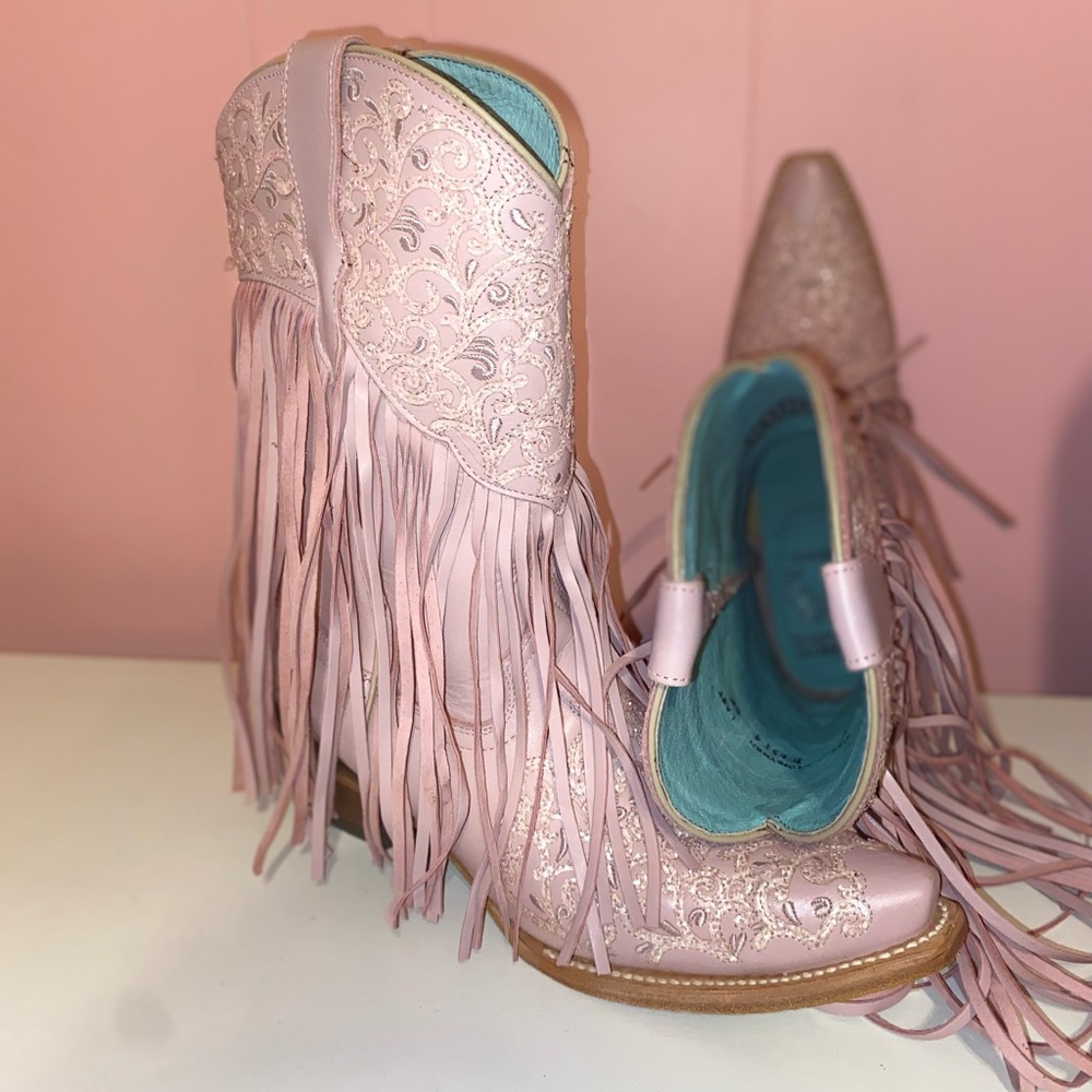 Corral Pink Heeled Boots with Fringe and Embroidery